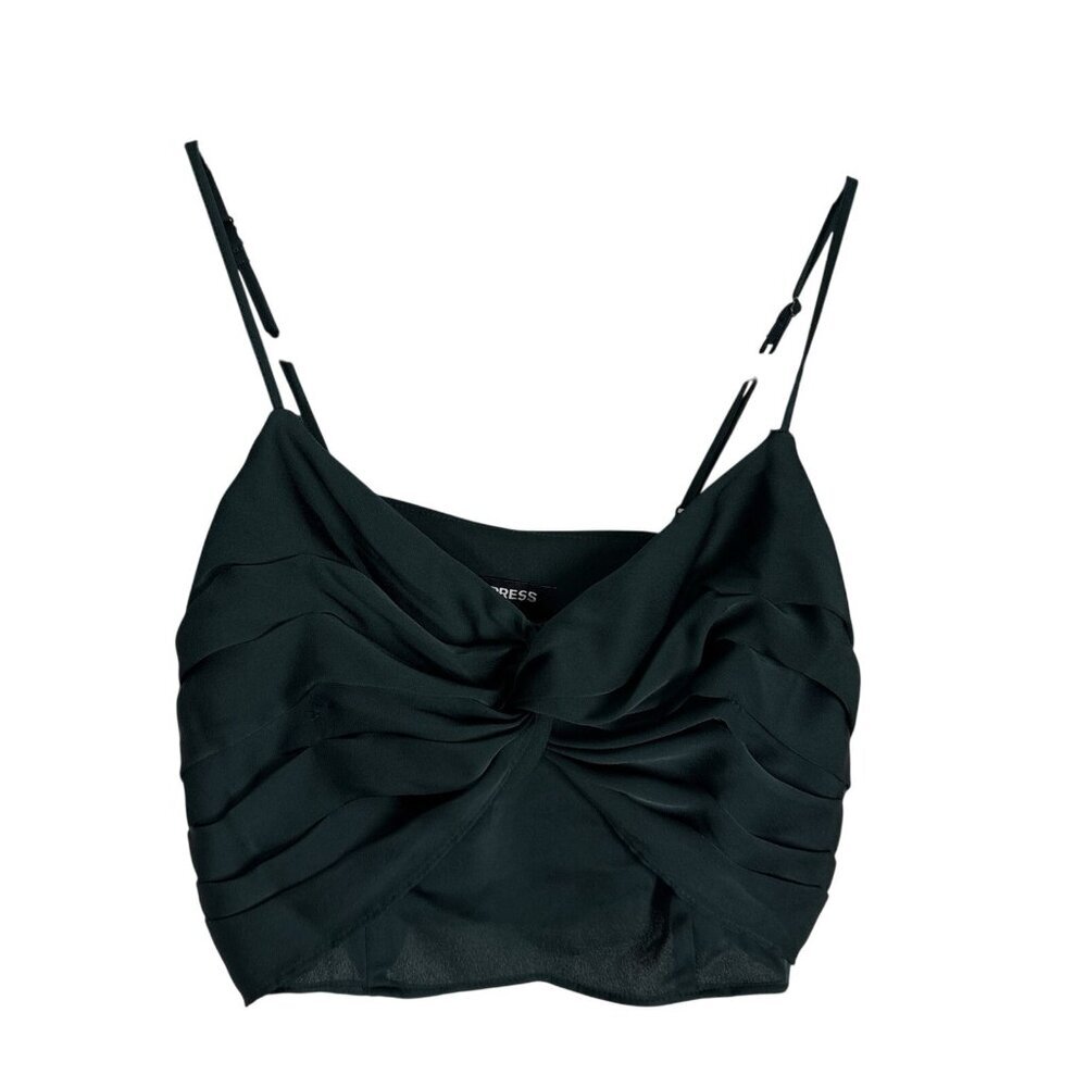 Express Women XS Green Satin V-Neck Pleated Twist Front Cropped Cami Top